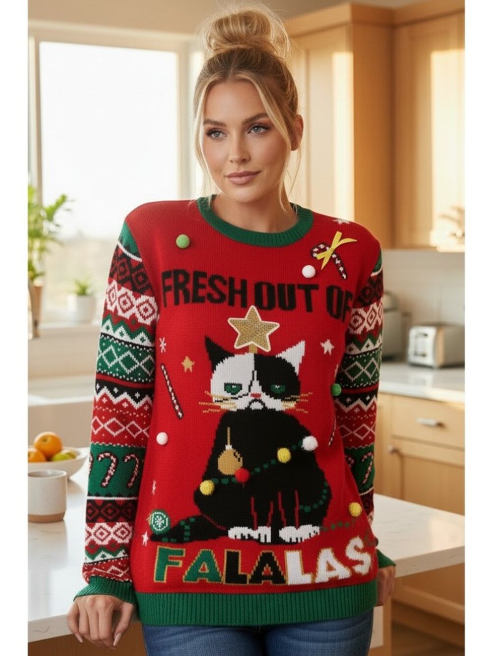 Fresh Out of Fa La Las Angry Cat Ugly Christmas Pom Pom Sequin Knit Sweater